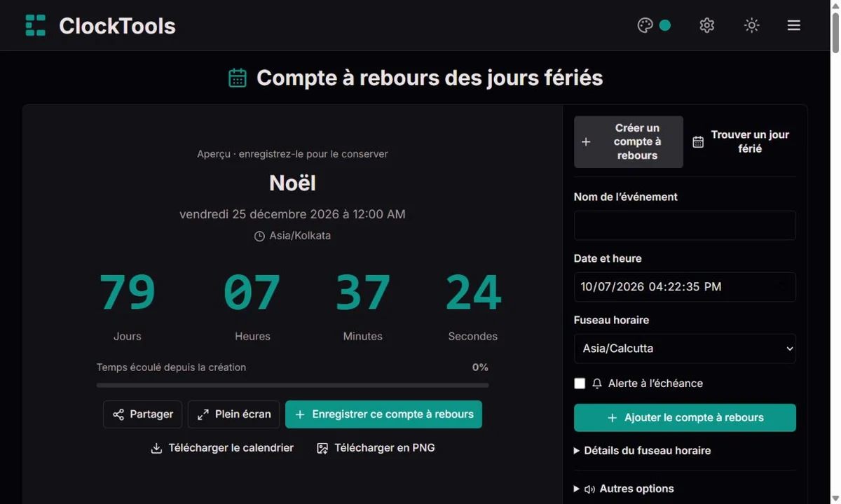 Compte à rebours ClockTools avec un affichage lisible et les champs de création à côté
