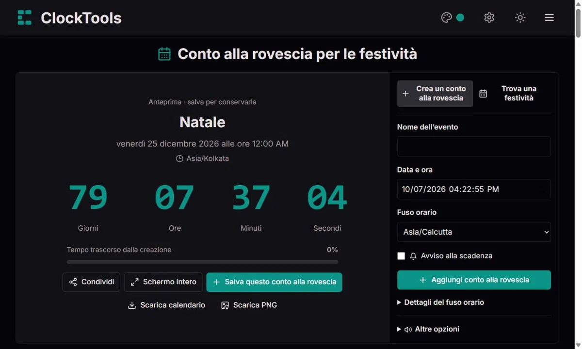 Conto alla rovescia ClockTools con display ampio e controlli di creazione accanto