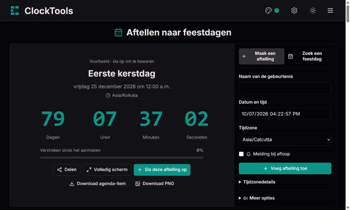 ClockTools-aftelling met grote cijfers en invoervelden ernaast