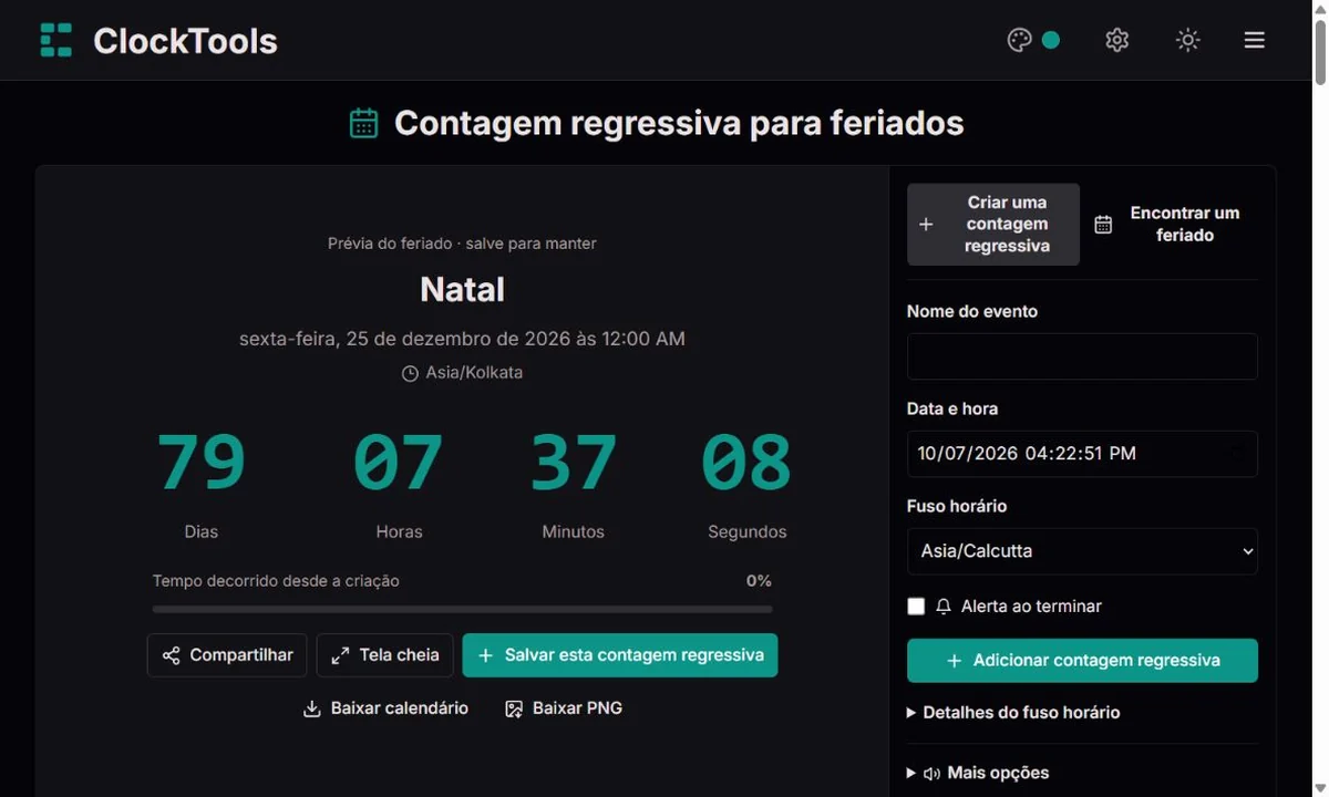 Contagem regressiva do ClockTools com visor grande e controles de criação ao lado