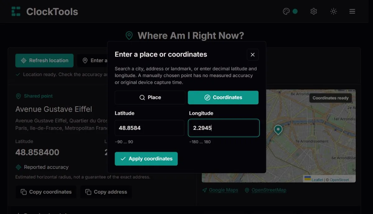 Manual coordinate entry in our location finder