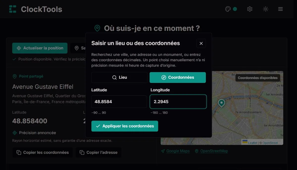Saisie manuelle de coordonnées dans notre outil de localisation