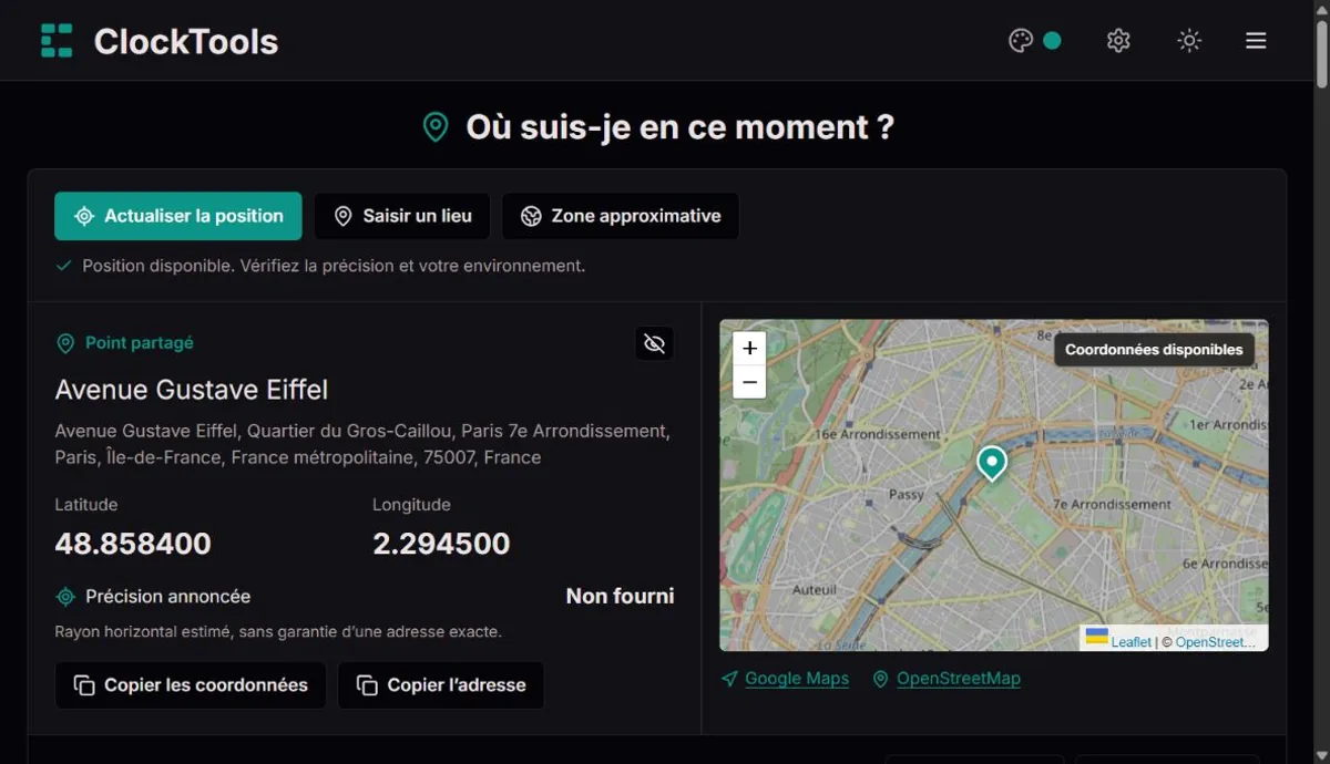 Un lieu public sélectionné dans notre outil de localisation