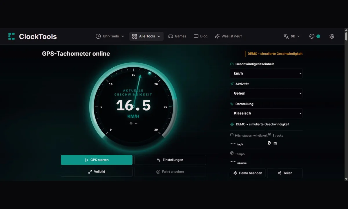 GPS-Tachometer von ClockTools mit klassischer Skala, Gehmodus und deutlich gekennzeichneter simulierter Demo.