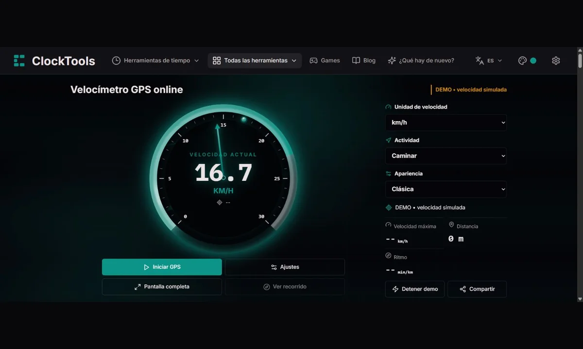 Velocímetro GPS de ClockTools con esfera clásica, perfil de caminata y demo simulada identificada.