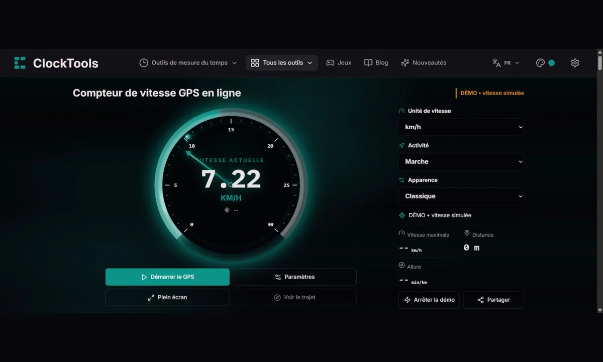Compteur GPS ClockTools avec cadran classique, profil marche et démo simulée clairement identifiée.