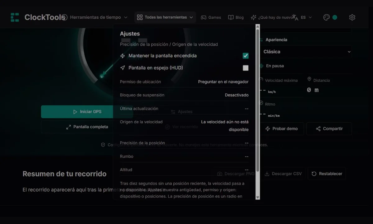 Ajustes del velocímetro GPS con pantalla siempre encendida, HUD en espejo y diagnóstico de ubicación.