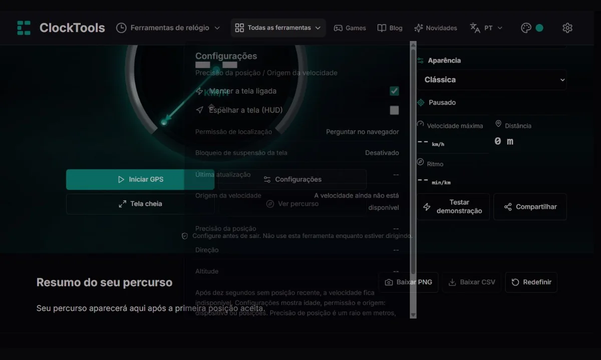 Configurações do velocímetro GPS com tela sempre ligada, HUD espelhado e diagnóstico de localização.