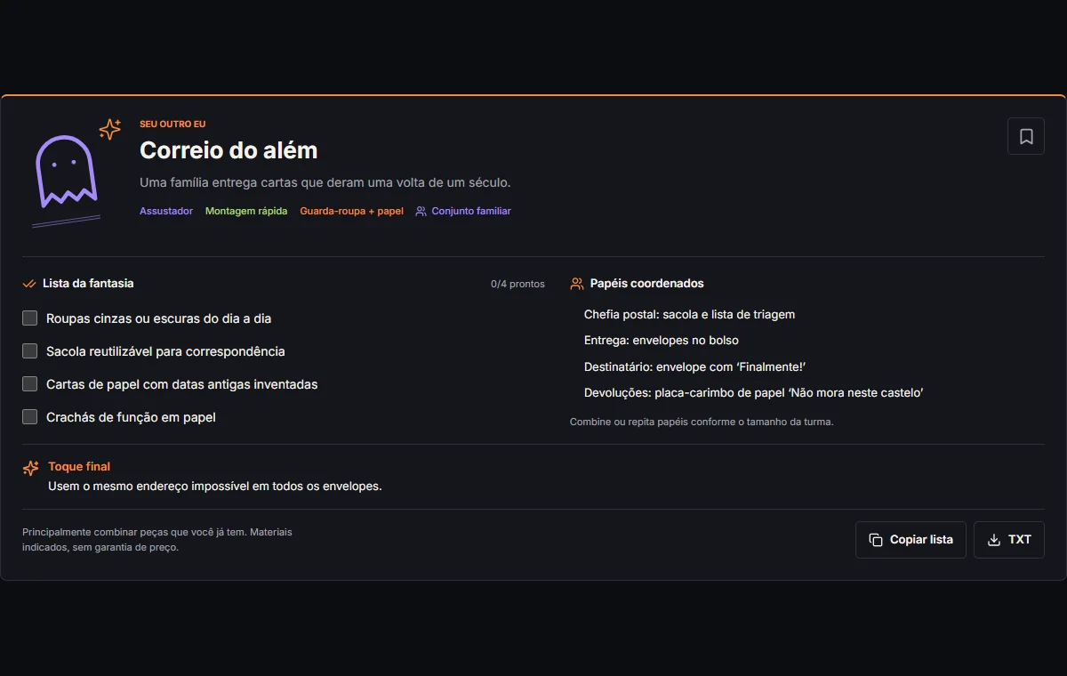 Fantasia familiar com lista de materiais e papéis coordenados
