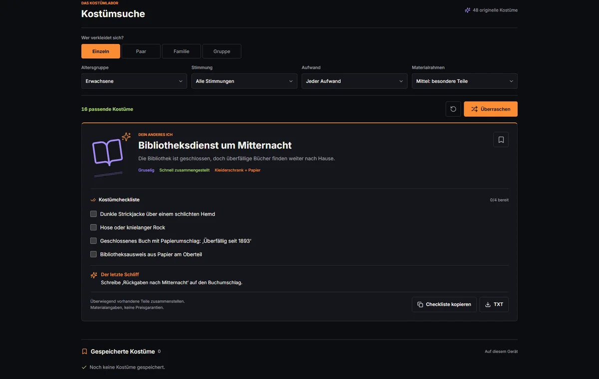 Kostümsuche mit den Standardfiltern Einzeln und Erwachsene sowie der Checkliste zum Bibliotheksdienst um Mitternacht