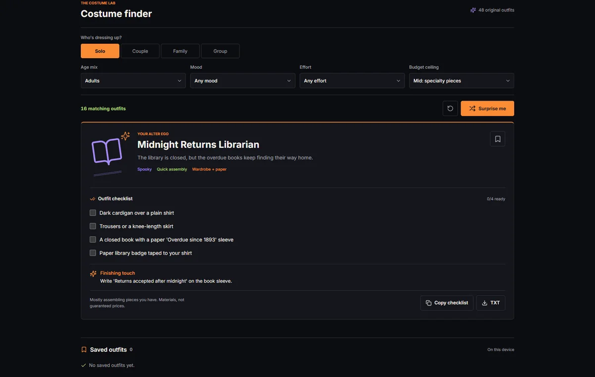 Costume finder with default solo adult filters and the Midnight Returns Librarian checklist