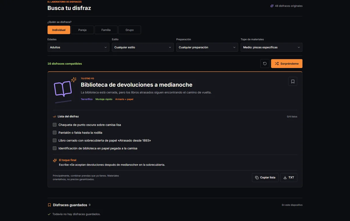 Buscador con los filtros iniciales Individual y Adultos y la lista de Biblioteca de devoluciones a medianoche