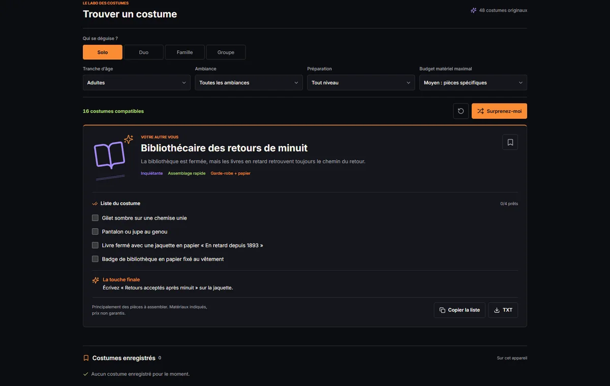 Recherche de costume avec les filtres par défaut Solo et Adultes et la liste du Bibliothécaire des retours de minuit