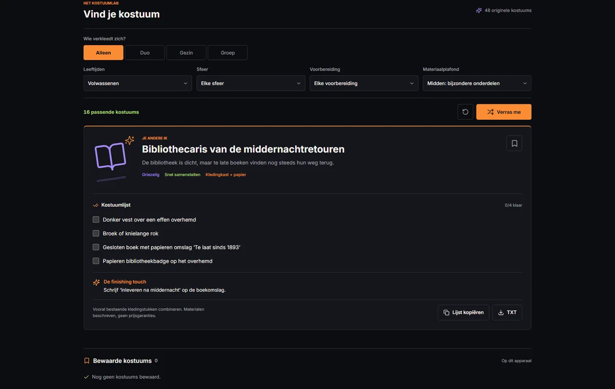 Kostuumzoeker met de standaardfilters Alleen en Volwassenen en de lijst van de Bibliothecaris van de middernachtretouren