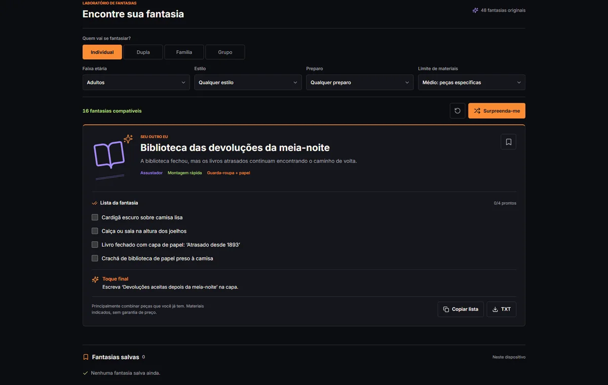 Busca com os filtros iniciais Individual e Adultos e a lista da Biblioteca das devoluções da meia-noite