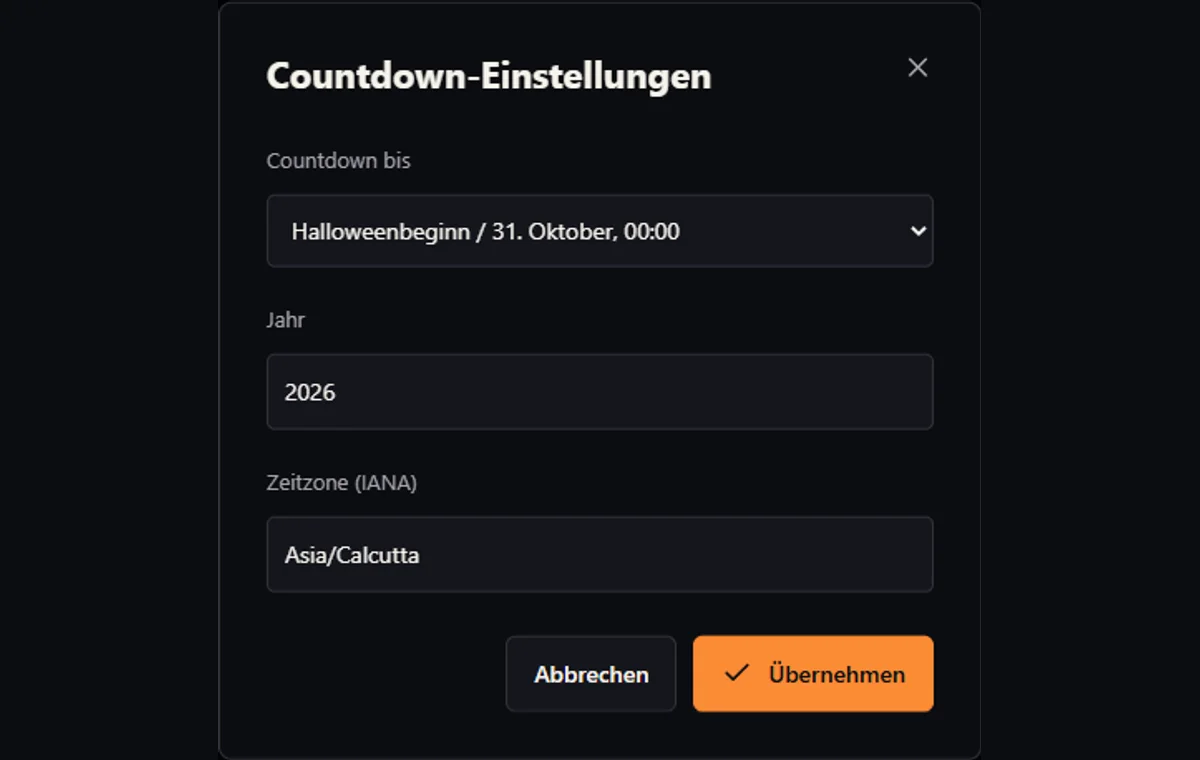 Countdown-Einstellungen mit Anlass, Jahr oder Partydatum und Uhrzeit sowie IANA-Zeitzone.