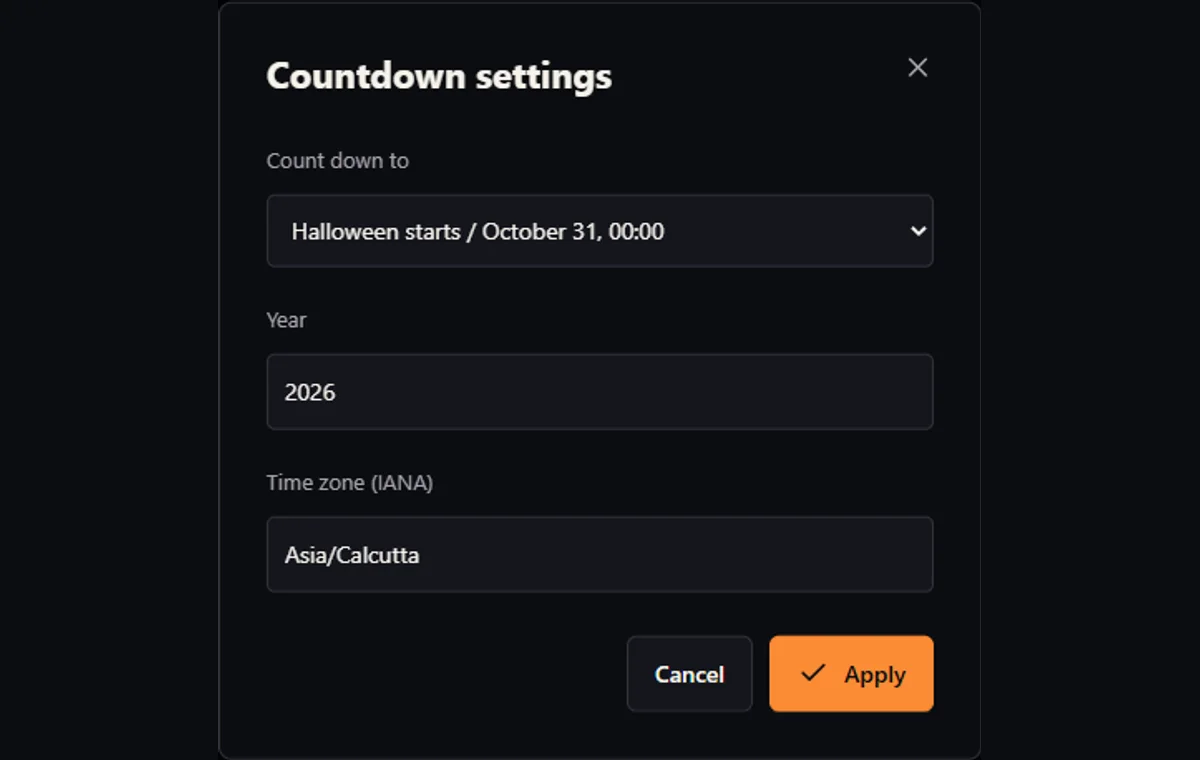 Countdown settings dialog with occasion, year or party date and time, and IANA time-zone controls.