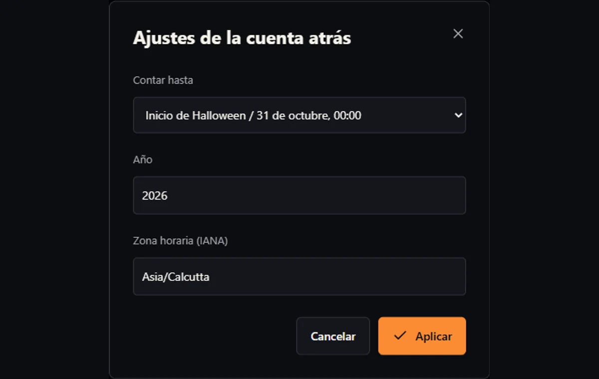 Diálogo de ajustes con ocasión, año o fecha y hora de fiesta, y zona horaria IANA.