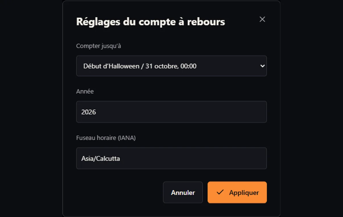 Boîte de réglages avec occasion, année ou date et heure de fête, et fuseau horaire IANA.