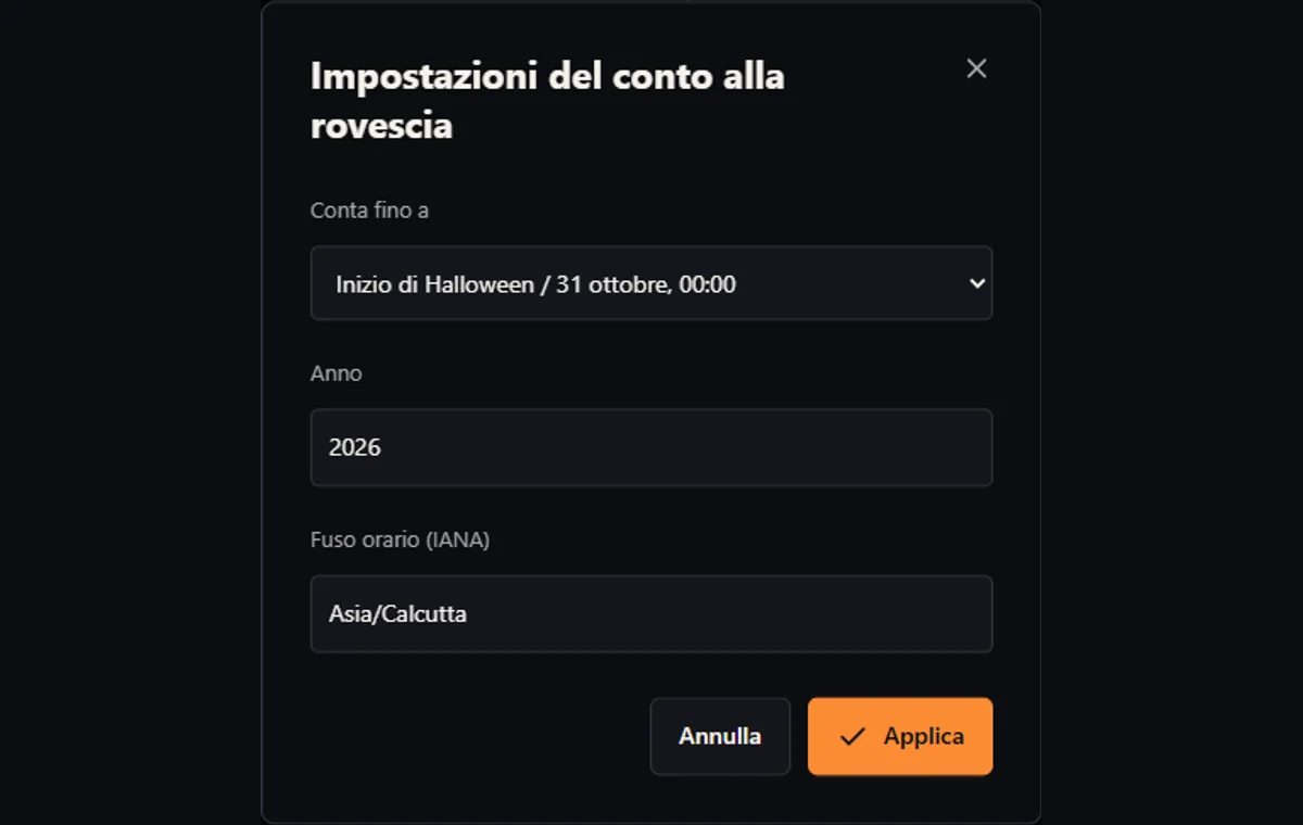 Finestra delle impostazioni con occasione, anno o data e ora della festa e fuso orario IANA.