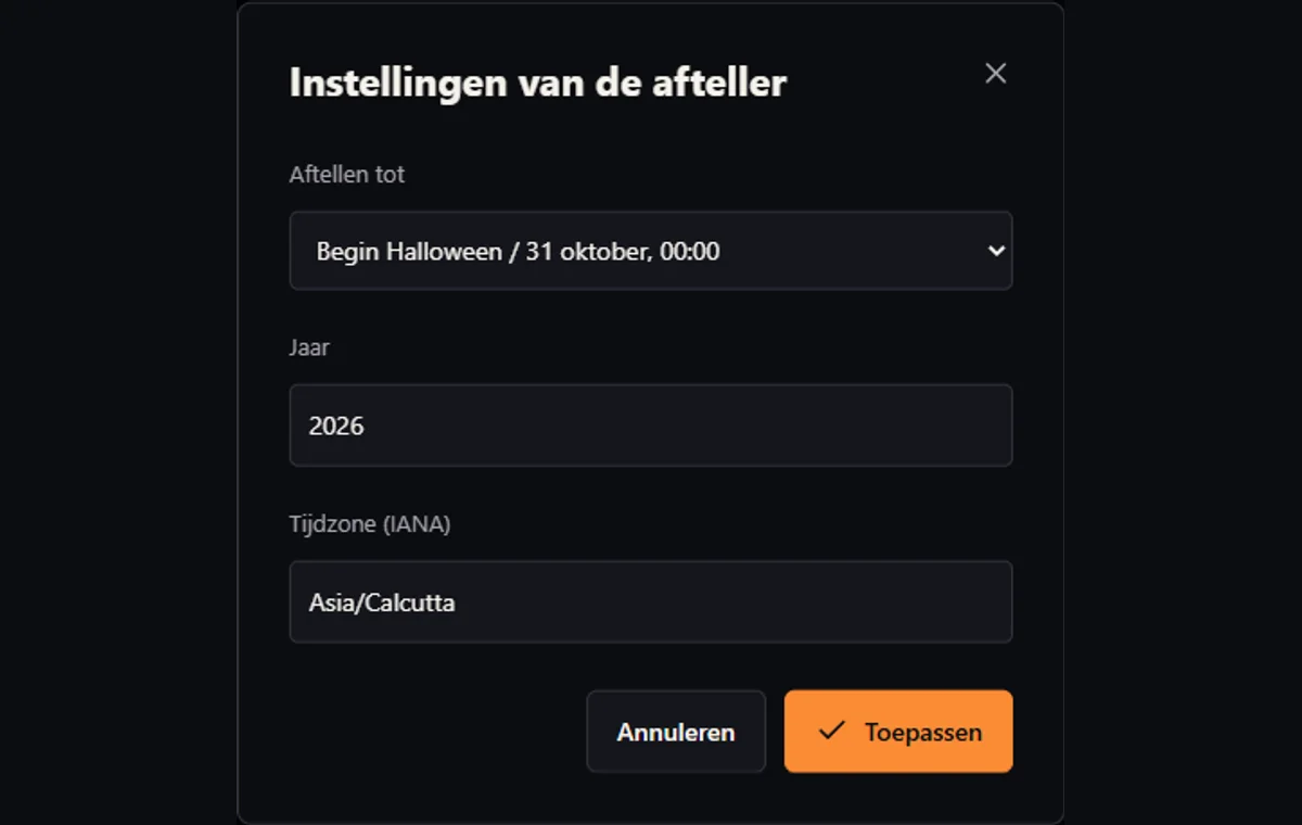 Instellingendialoog met gelegenheid, jaar of feestdatum en tijd, en een IANA-tijdzone.