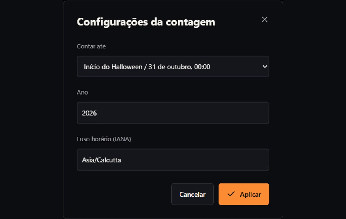 Janela de configurações com ocasião, ano ou data e horário da festa, e controle de fuso IANA.