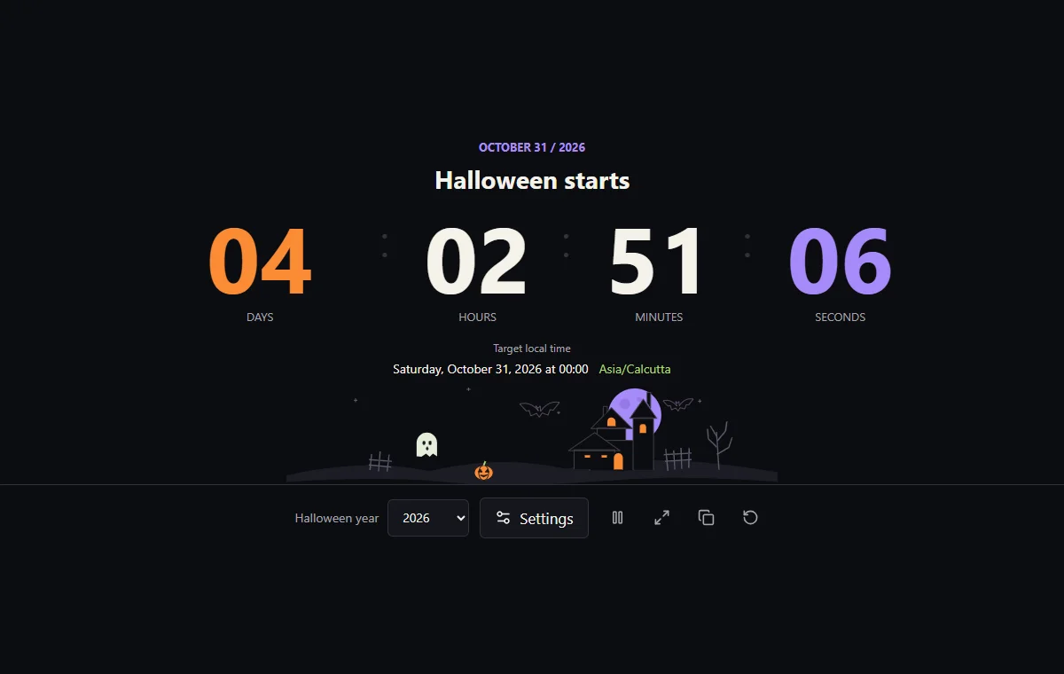 Halloween countdown with days, hours, minutes and seconds, target local time, time zone and year selector.