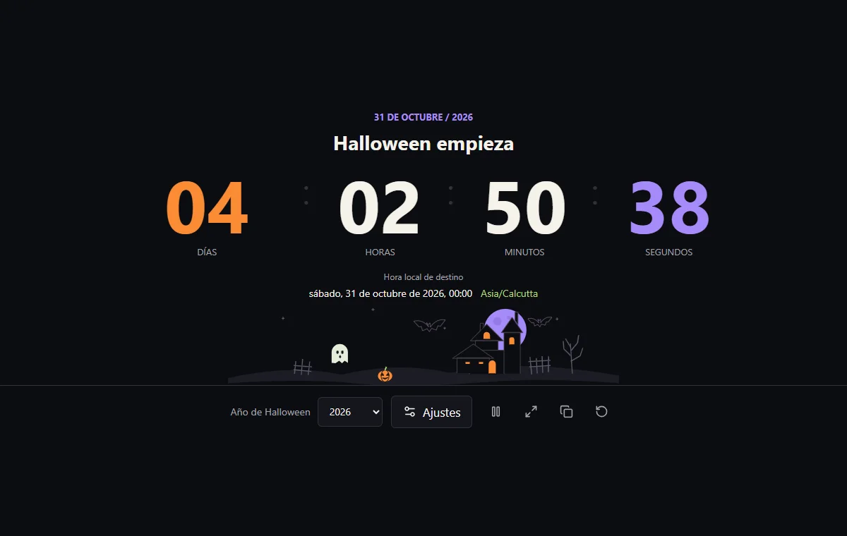 Cuenta atrás para Halloween con días, horas, minutos y segundos, hora local de destino, zona horaria y selector de año.