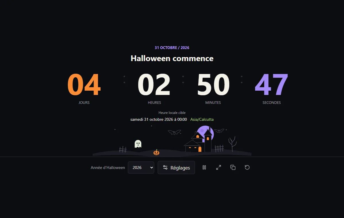 Compte à rebours d’Halloween en jours, heures, minutes et secondes, avec heure locale cible, fuseau et sélecteur d’année.