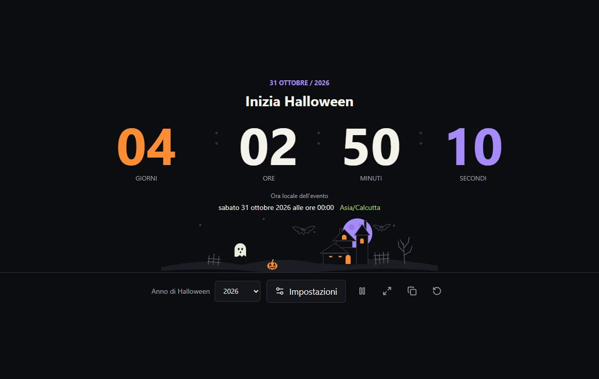 Conto alla rovescia di Halloween con giorni, ore, minuti e secondi, ora locale dell’evento, fuso e selettore dell’anno.