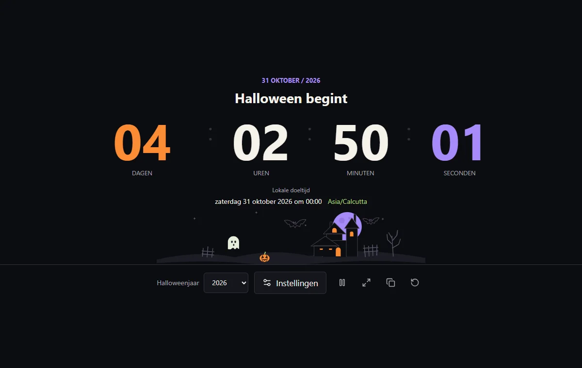 Halloween-afteller met dagen, uren, minuten en seconden, lokale doeltijd, tijdzone en jaarselectie.