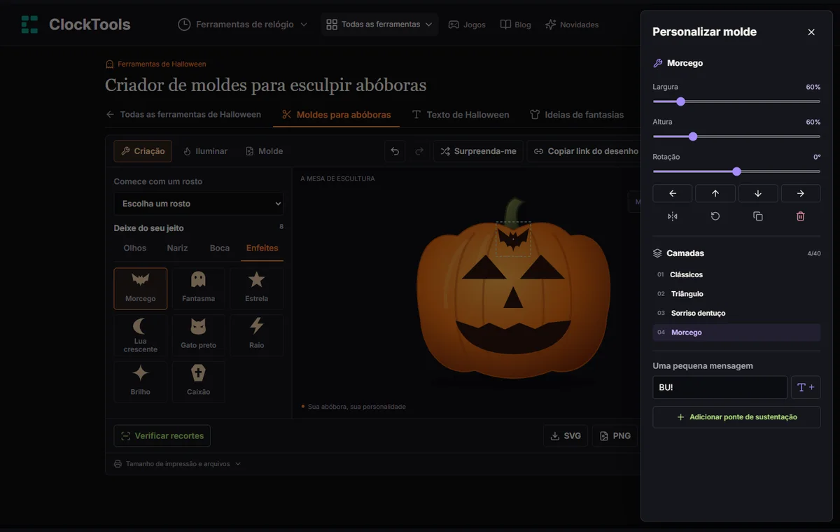 Painel Personalizar com camadas, texto e controles de pontes de sustentação