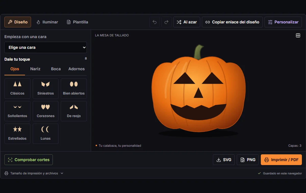 Editor de plantillas con biblioteca de caras, vista de la calabaza y controles de exportación