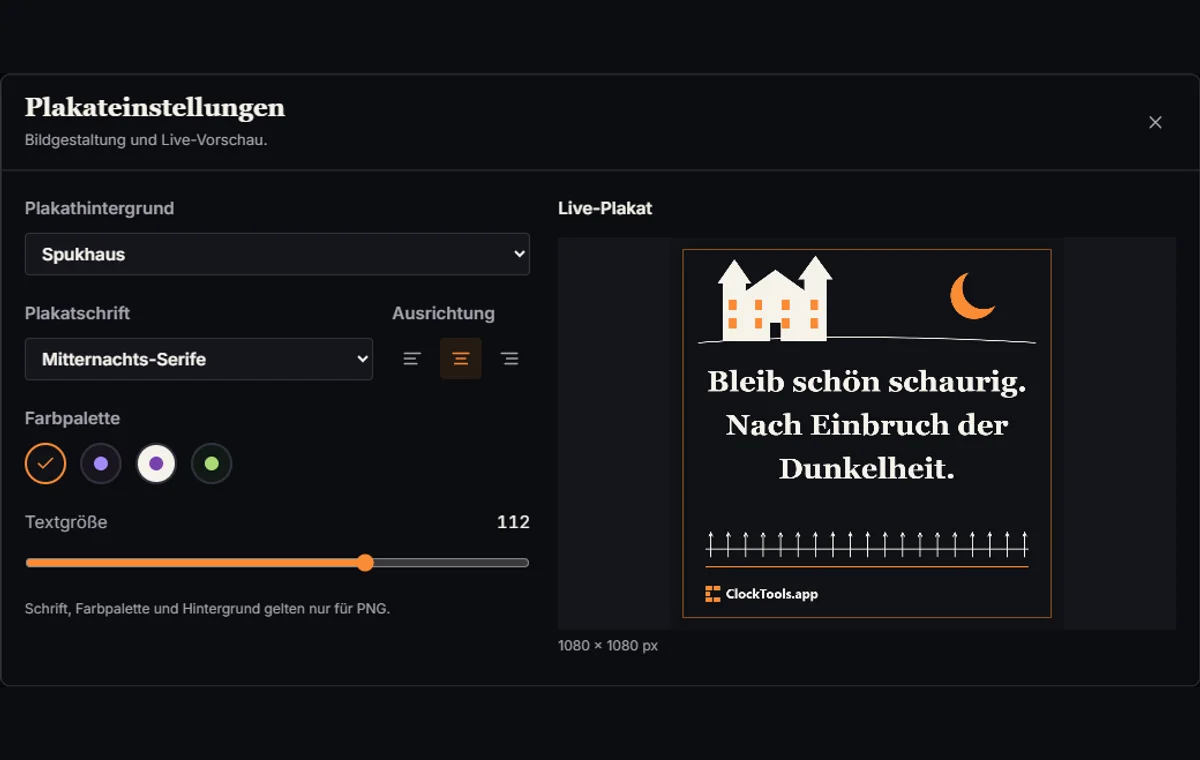 Dialog mit Plakateinstellungen für Hintergrund und Schrift neben einer Live-Vorschau.