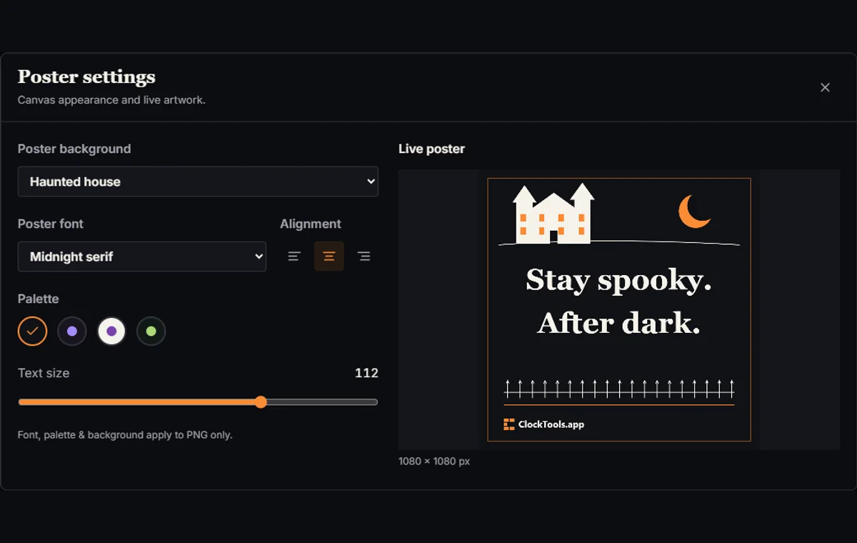 Poster settings dialog with background and typography controls beside live artwork.