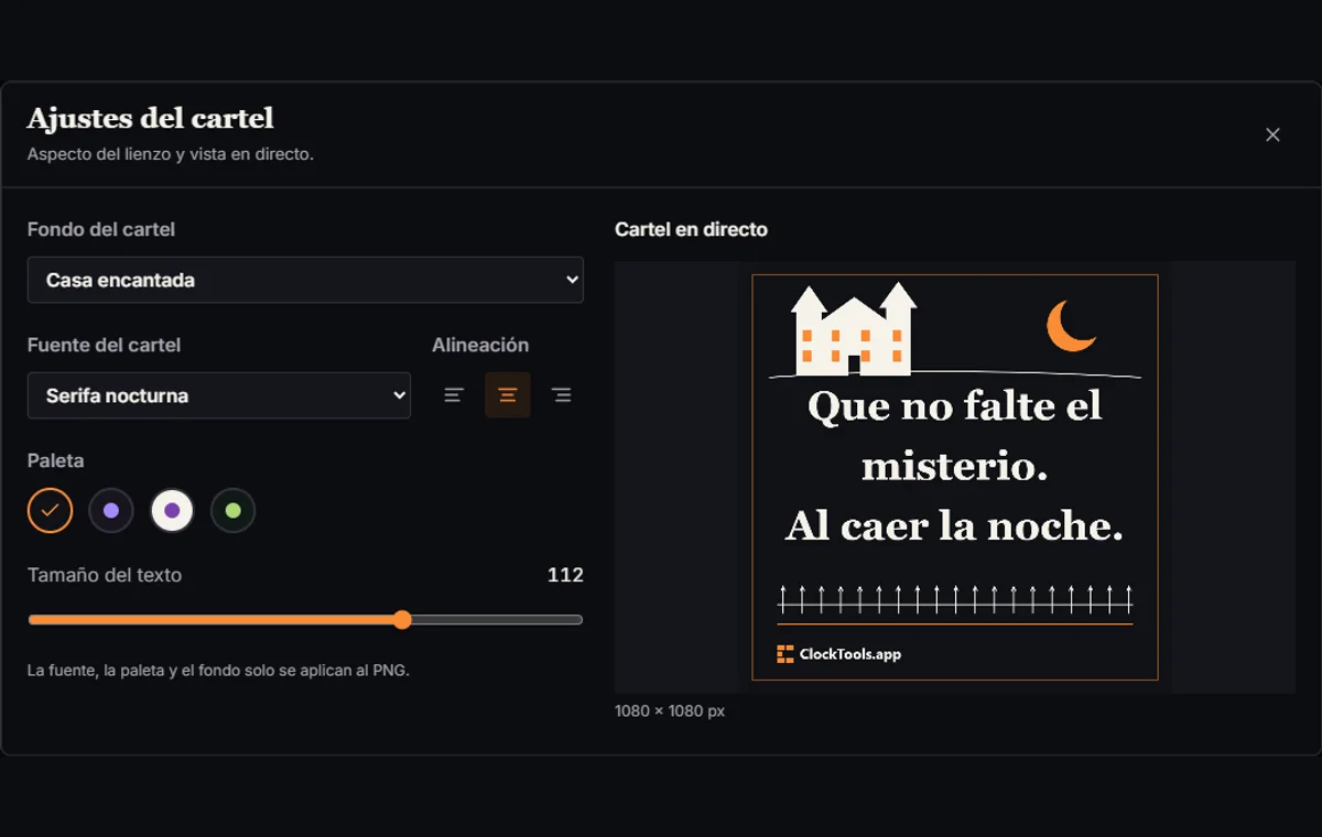 Diálogo de ajustes del cartel con fondo y tipografía junto a una vista en directo.