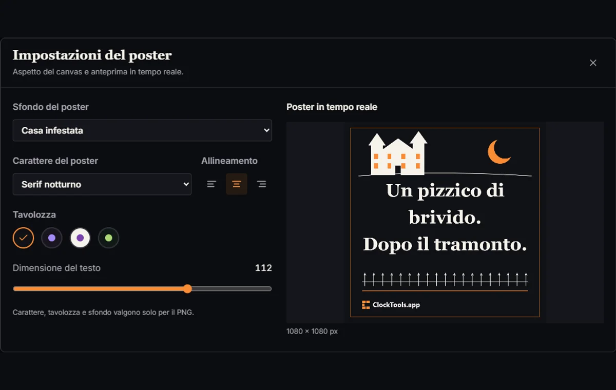 Finestra delle impostazioni del poster con sfondo e tipografia accanto all’anteprima in tempo reale.