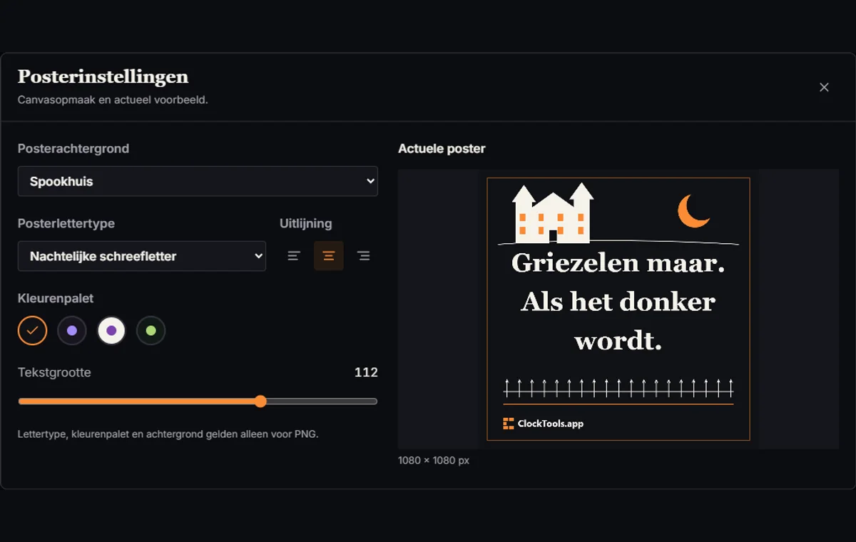 Venster met posterinstellingen voor achtergrond en typografie naast een actueel voorbeeld.
