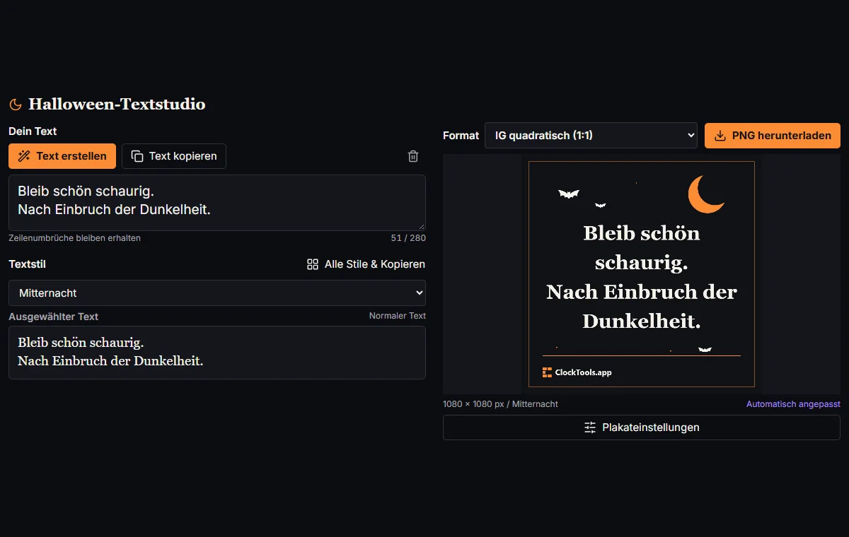 Halloween-Textstudio mit Stilauswahl, Kopierschaltflächen und quadratischer Plakatvorschau.