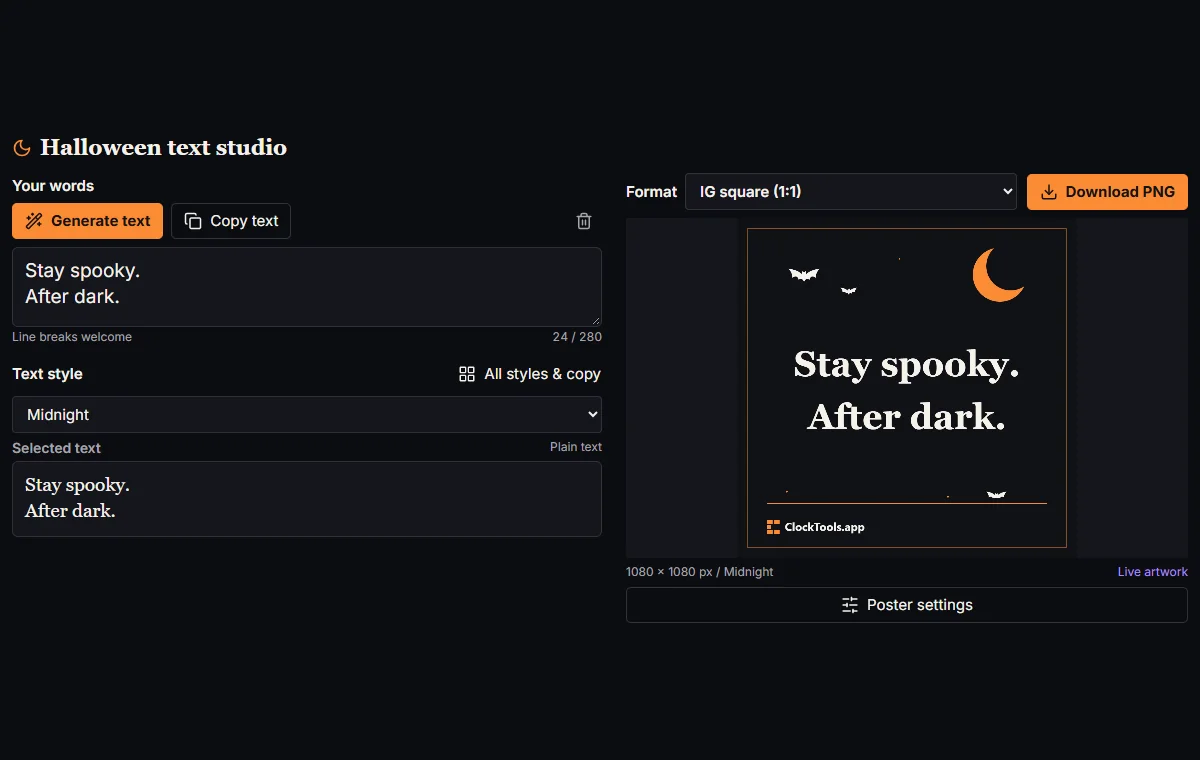 Halloween text studio with a style selector, copy controls and a square poster preview.