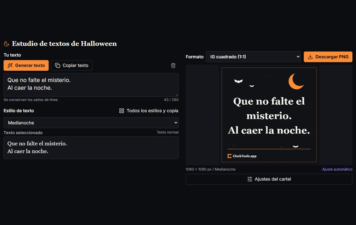 Estudio de textos de Halloween con selector de estilo, controles de copia y vista cuadrada del cartel.