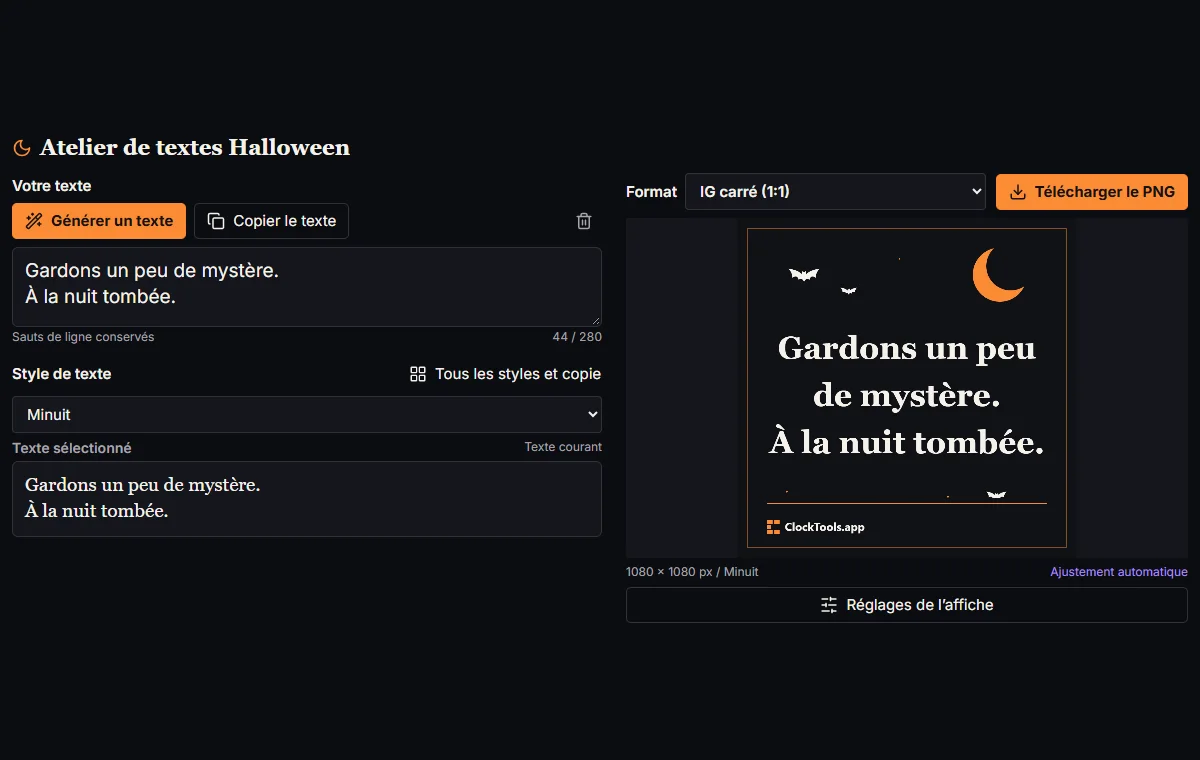 Atelier de textes Halloween avec sélection du style, commandes de copie et aperçu carré de l’affiche.