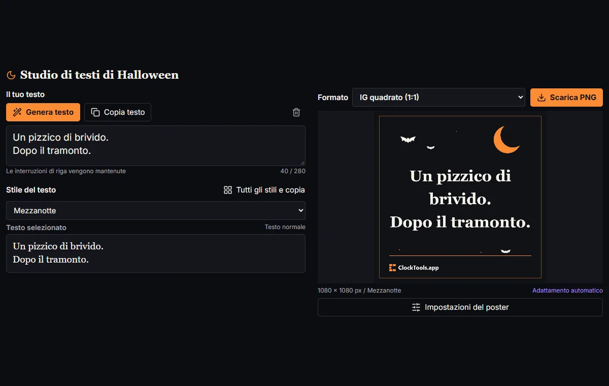 Studio di testi di Halloween con selettore dello stile, comandi di copia e anteprima quadrata del poster.