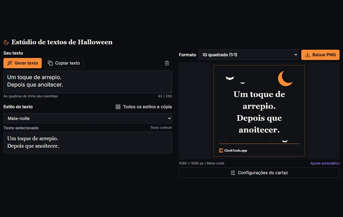 Estúdio de textos de Halloween com seletor de estilo, comandos de cópia e prévia quadrada do cartaz.