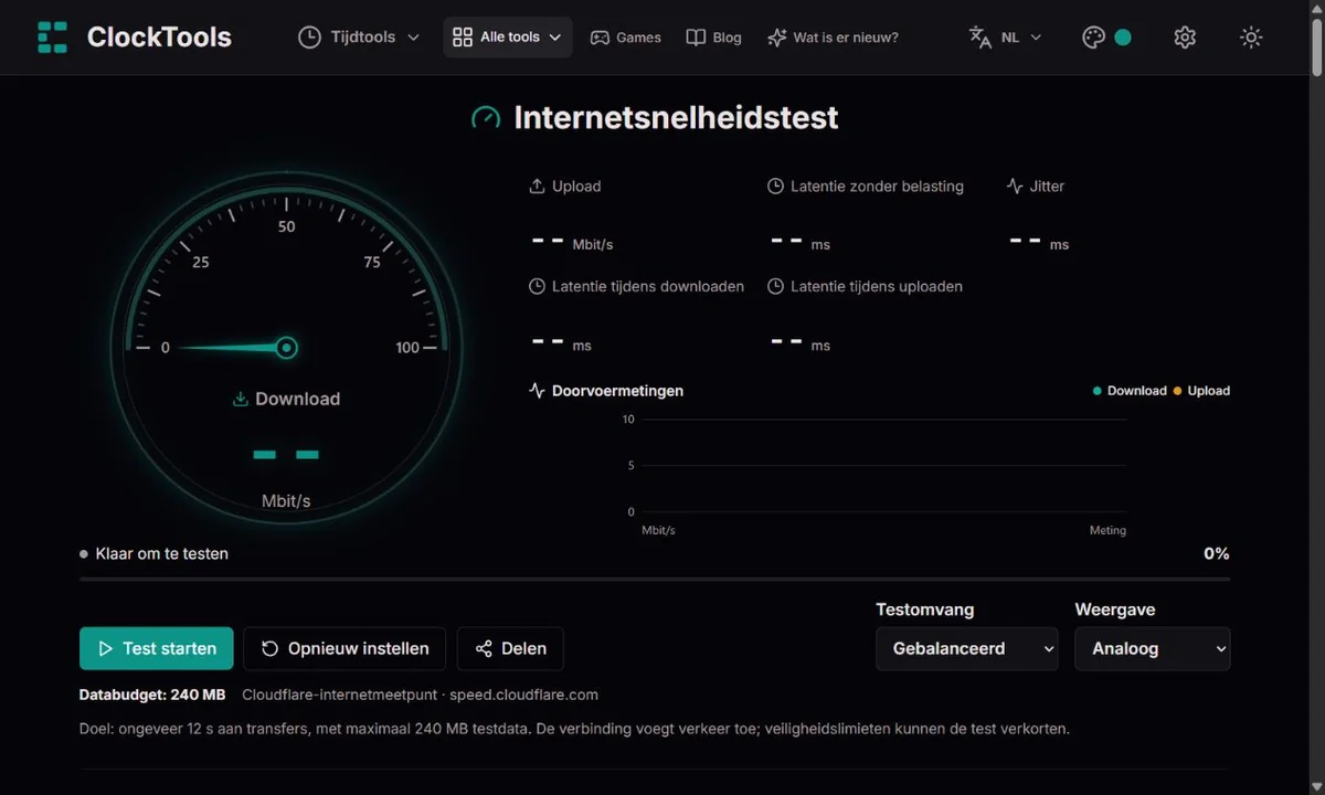 ClockTools-internetsnelheidstest met grote analoge meter, zes meetwaarden en keuze van testomvang