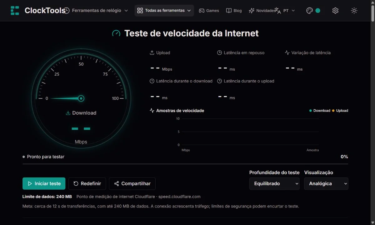 Teste de velocidade ClockTools com mostrador analógico grande, seis métricas e seleção da profundidade