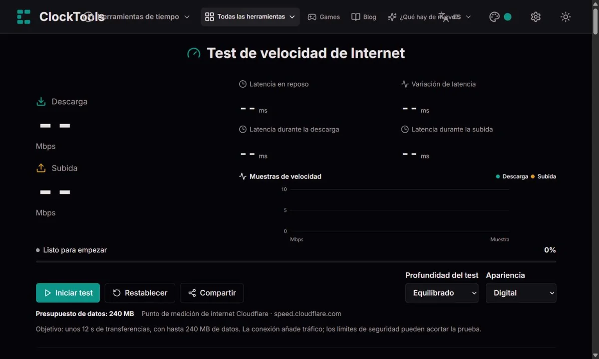 Vista digital del test de velocidad ClockTools con gráfico de muestras y controles del historial local