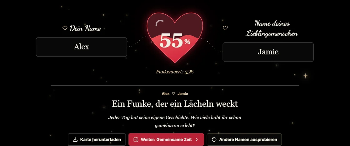 Beispiel aus dem ClockTools-Liebesrechner mit den erfundenen Namen Alex und Jamie und einem rubinroten Herzen, das einen Funkenwert von 55 % zeigt.