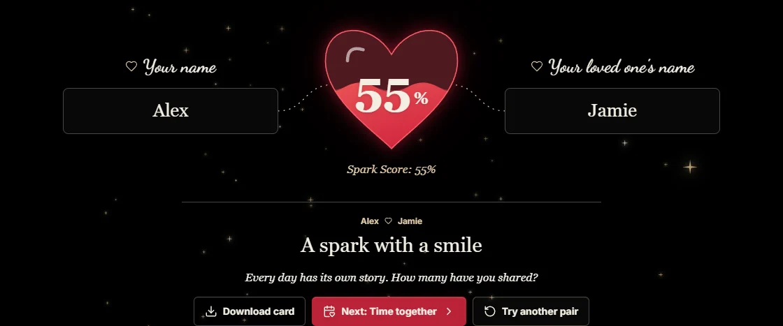 The current ClockTools name test with the example names Alex and Jamie, a 55% ruby heart and separate Download card, Next and Try another pair buttons.