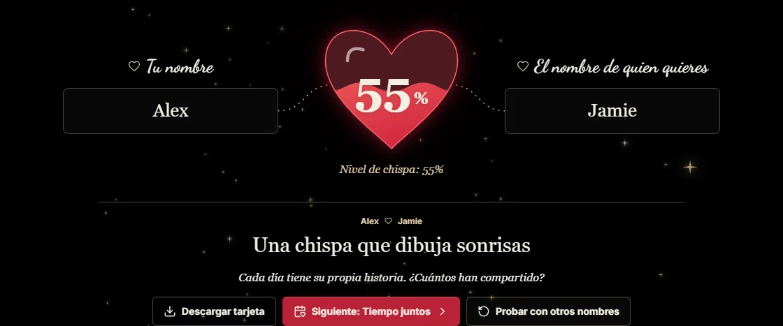 El juego de nombres actual de ClockTools con los nombres de ejemplo Alex y Jamie, un corazón rubí con un 55 % y botones separados para Descargar tarjeta, Siguiente y Probar con otros nombres.
